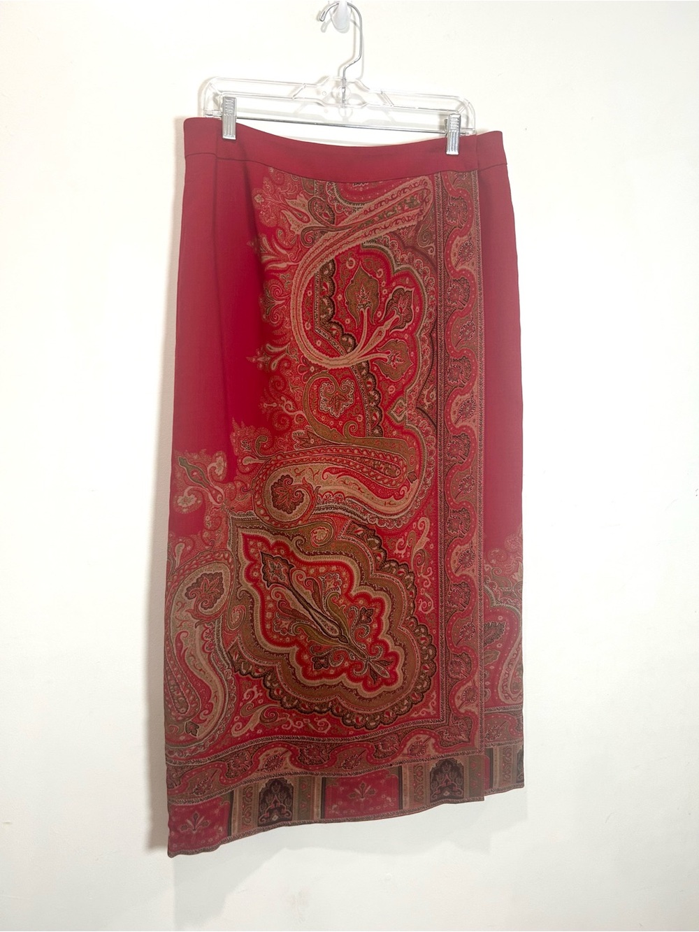 Vtg Talbots Wrap Skirt Womens 14 Midi Red Paisley 100% Wool Scarf Print Boho - Picture 6 of 14